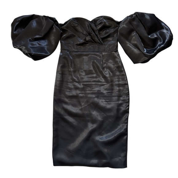 Beulah Style Black Off Shoulder Satin Midi Dress Puff Sleeves - Picture 10 of 16